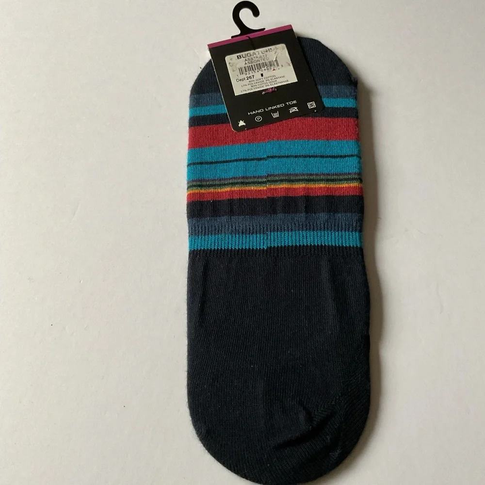 BUGATCHI MENS COTTON LINER SOCKS BLUE MULTI-COLOR STRIPE OS NWT